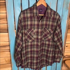 Vintage Spare Time 90s Plaid flannel Shirt L Purple Gray Blue White made Korea